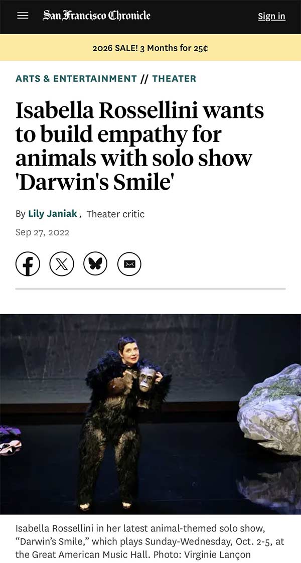 Photographie dans la presse de Virginie Lançon : Darwin's Smile - San-Francisco Chronicle.